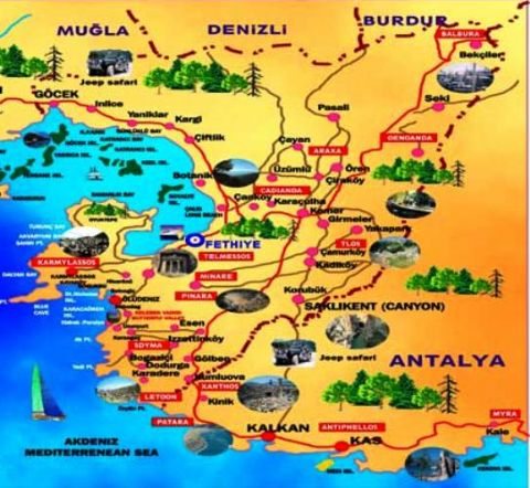 Fethiye, Fethiye Map, Map of Fethiye, South Turkey Map
