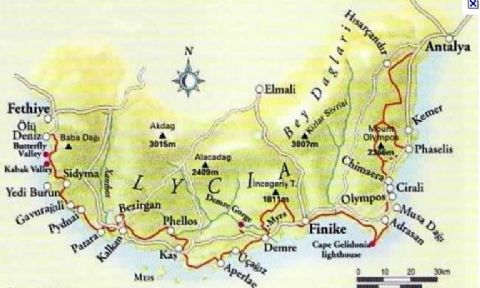Myra Map, Lycian way Map, demre Map, Antalya Map,
